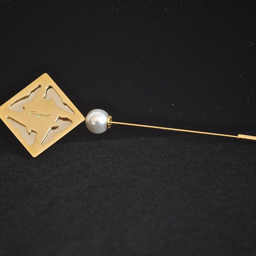 Ferragamo Gold Tone Lapel Pin Featuring A Faux Pearl & Cut-Out Shoes